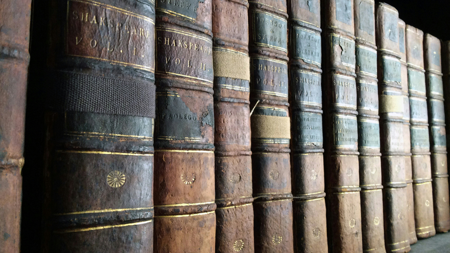 A close up image of the spines of books with the plays of Shakespeare. They are dark brown and look antique